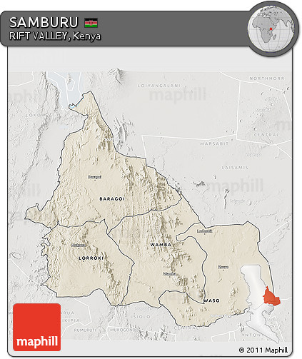 Shaded Relief 3D Map of SAMBURU, lighten, semi-desaturated