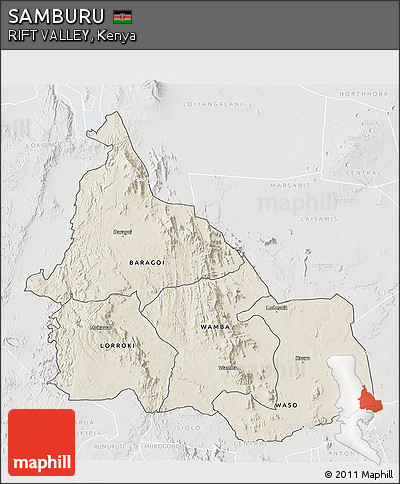 Shaded Relief 3D Map of SAMBURU, lighten, semi-desaturated