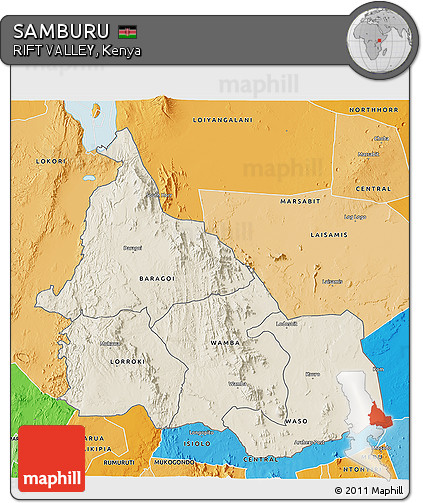 Shaded Relief 3D Map of SAMBURU, political shades outside