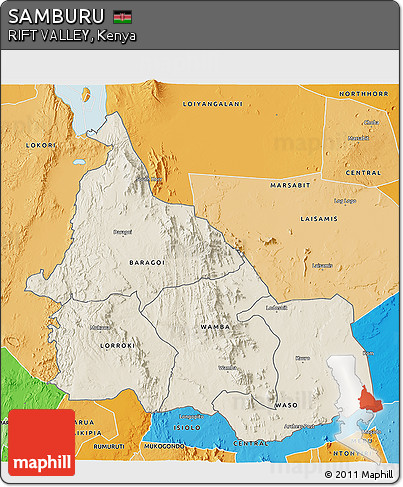 Shaded Relief 3D Map of SAMBURU, political shades outside