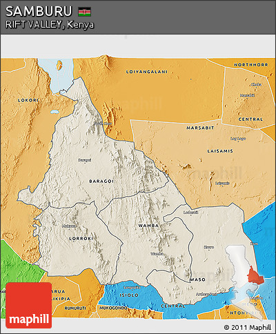 Shaded Relief 3D Map of SAMBURU, political shades outside