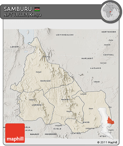 Shaded Relief 3D Map of SAMBURU, semi-desaturated