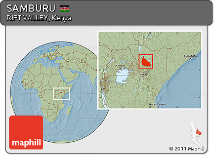 Savanna Style Location Map of SAMBURU, within the entire country, hill shading