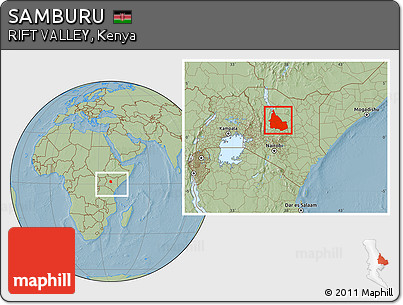 Savanna Style Location Map of SAMBURU, within the entire country, hill shading