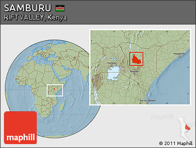 Savanna Style Location Map of SAMBURU, within the entire country, hill shading