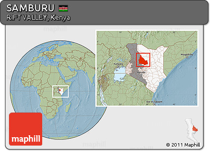 Savanna Style Location Map of SAMBURU, highlighted country, highlighted parent region, within the entire country, hill shading