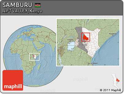 Savanna Style Location Map of SAMBURU, highlighted country, highlighted parent region, within the entire country, hill shading
