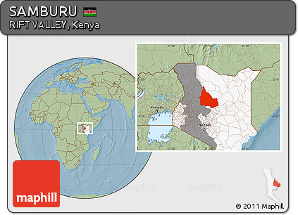 Savanna Style Location Map of SAMBURU, highlighted country, highlighted parent region, hill shading