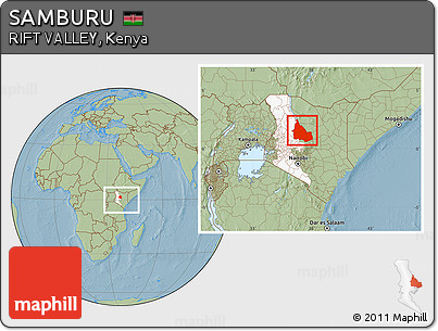 Savanna Style Location Map of SAMBURU, highlighted parent region, within the entire country, hill shading