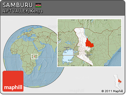 Savanna Style Location Map of SAMBURU, highlighted parent region, hill shading
