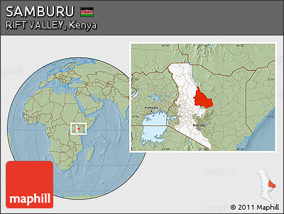 Savanna Style Location Map of SAMBURU, highlighted parent region, hill shading