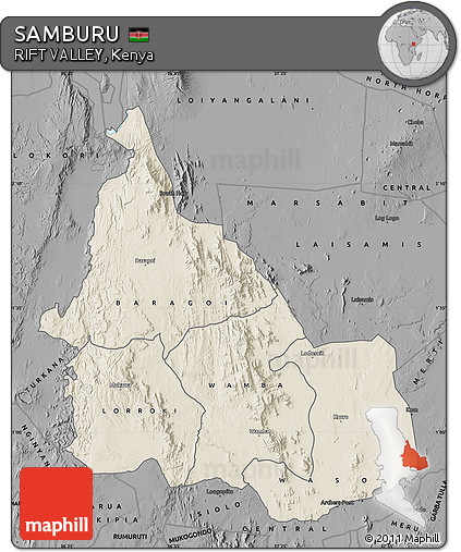 Shaded Relief Map of SAMBURU, darken, desaturated