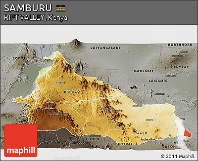 Physical Panoramic Map of SAMBURU, darken, semi-desaturated
