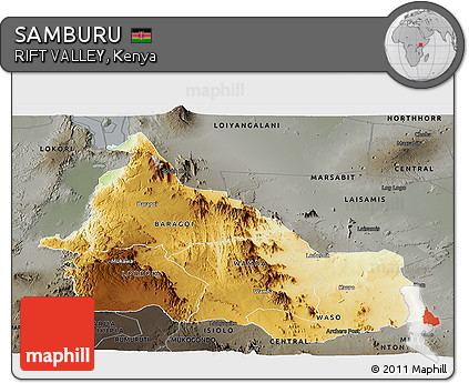 Physical Panoramic Map of SAMBURU, darken, semi-desaturated