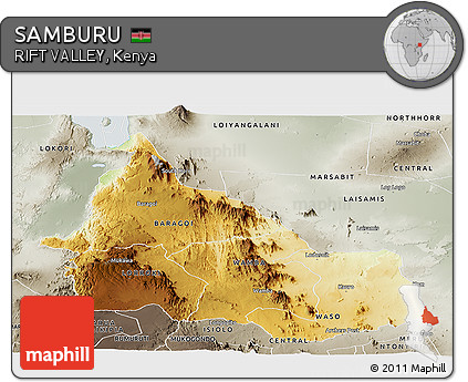 Physical Panoramic Map of SAMBURU, semi-desaturated