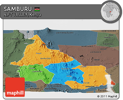 Political Panoramic Map of SAMBURU, darken, semi-desaturated