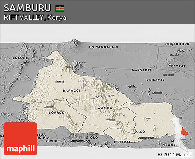 Shaded Relief Panoramic Map of SAMBURU, darken, desaturated