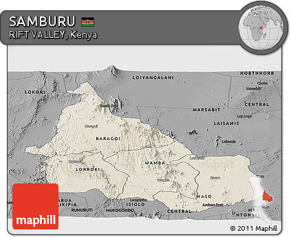 Shaded Relief Panoramic Map of SAMBURU, darken, desaturated