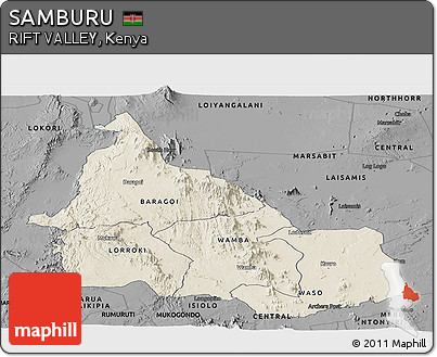 Shaded Relief Panoramic Map of SAMBURU, darken, desaturated