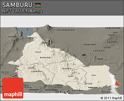 Shaded Relief Panoramic Map of SAMBURU, darken