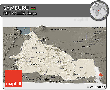 Shaded Relief Panoramic Map of SAMBURU, darken