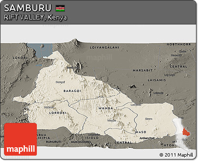 Shaded Relief Panoramic Map of SAMBURU, darken