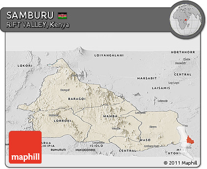 Shaded Relief Panoramic Map of SAMBURU, desaturated