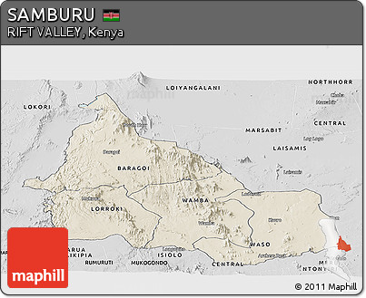 Shaded Relief Panoramic Map of SAMBURU, desaturated
