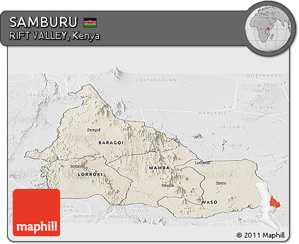 Shaded Relief Panoramic Map of SAMBURU, lighten, desaturated