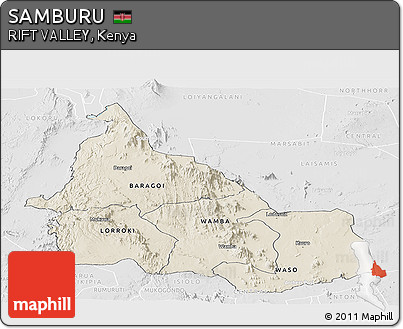 Shaded Relief Panoramic Map of SAMBURU, lighten, desaturated