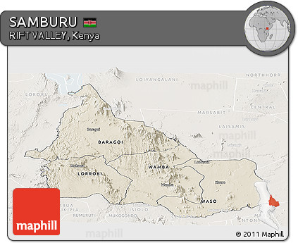 Shaded Relief Panoramic Map of SAMBURU, lighten