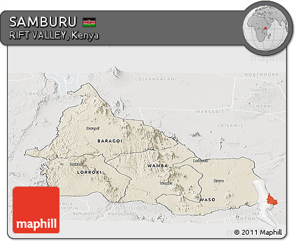 Shaded Relief Panoramic Map of SAMBURU, lighten, semi-desaturated