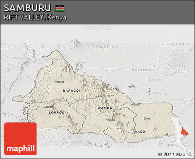 Shaded Relief Panoramic Map of SAMBURU, lighten, semi-desaturated