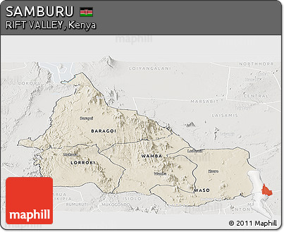 Shaded Relief Panoramic Map of SAMBURU, lighten, semi-desaturated