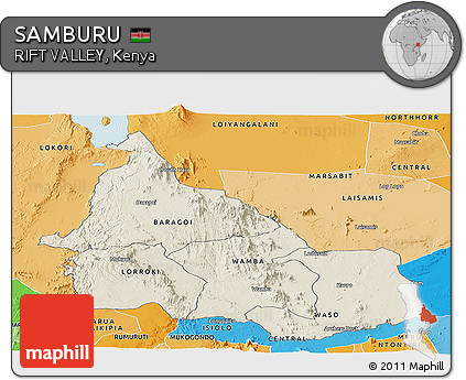 Shaded Relief Panoramic Map of SAMBURU, political shades outside