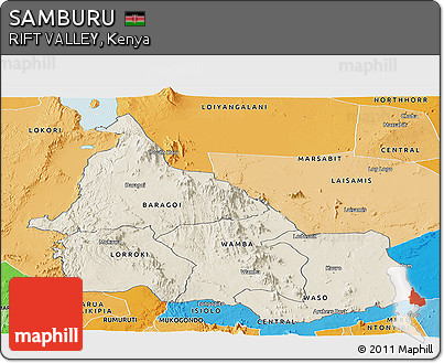 Shaded Relief Panoramic Map of SAMBURU, political shades outside