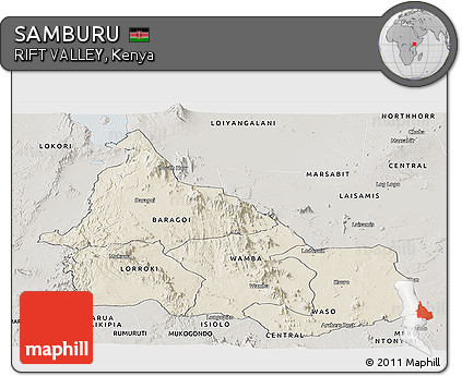 Shaded Relief Panoramic Map of SAMBURU, semi-desaturated