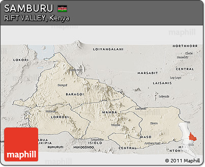 Shaded Relief Panoramic Map of SAMBURU, semi-desaturated