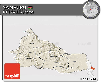 Shaded Relief Panoramic Map of SAMBURU, single color outside