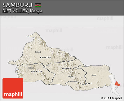 Shaded Relief Panoramic Map of SAMBURU, single color outside