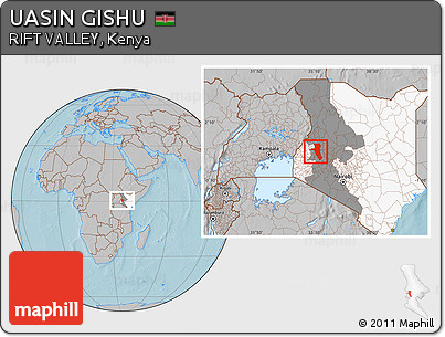Gray Location Map of UASIN GISHU, highlighted country, highlighted parent region, hill shading