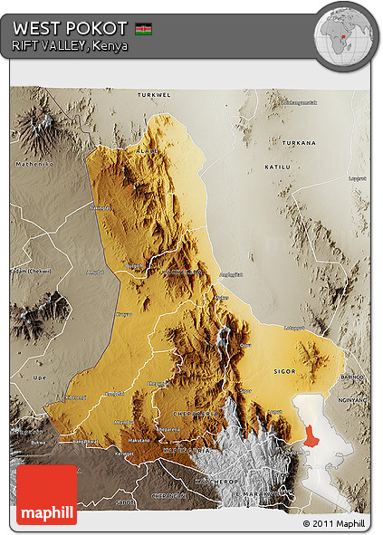 Physical 3D Map of WEST POKOT, semi-desaturated