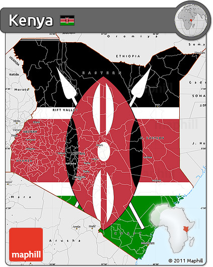 Flag Simple Map of Kenya, single color outside, borders and labels, flag centered