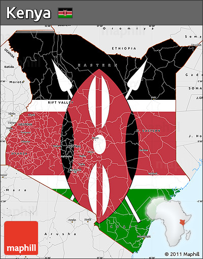 Flag Simple Map of Kenya, single color outside, borders and labels, flag centered