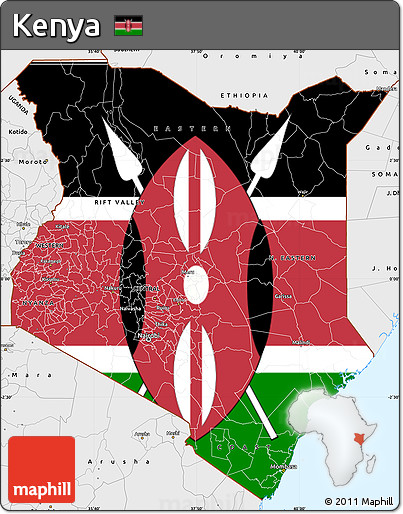 Flag Simple Map of Kenya, single color outside, borders and labels, flag centered