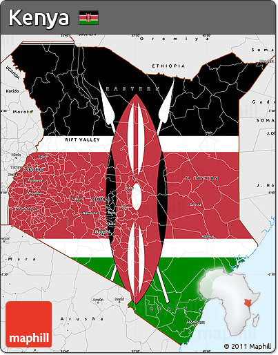 Flag Simple Map of Kenya, single color outside, borders and labels