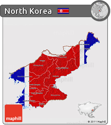 Flag 3D Map of North Korea, flag aligned to the middle