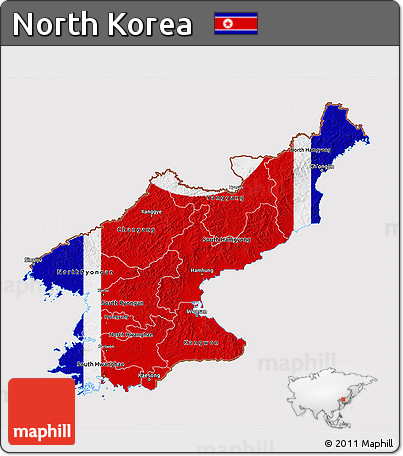 Flag 3D Map of North Korea, flag aligned to the middle