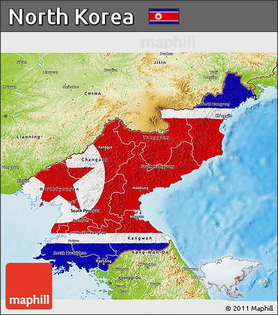 Flag 3D Map of North Korea, physical outside, flag centered