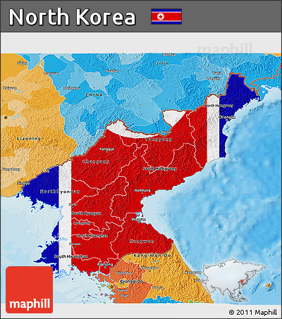 Flag 3D Map of North Korea, political outside, flag aligned to the middle